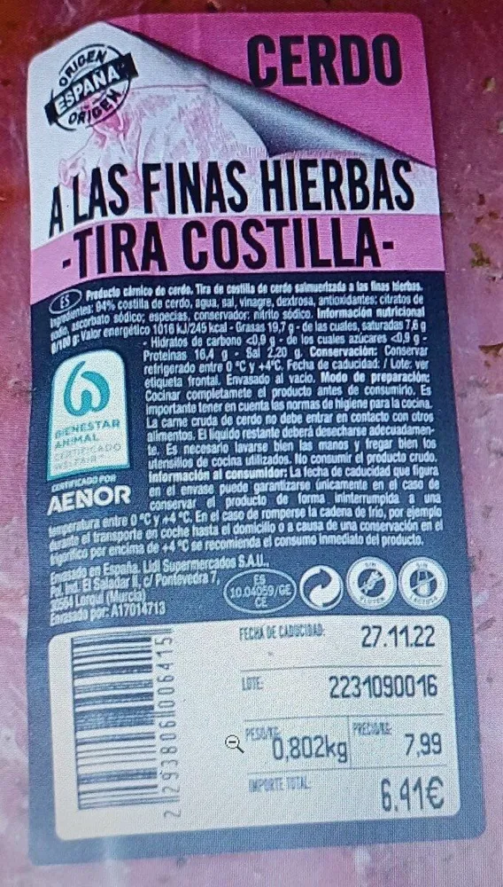 Cerdo a las finas hierbas Tira costilla