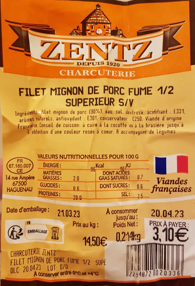 Filet mignon de porc fumé 1/2 supérieur S/V