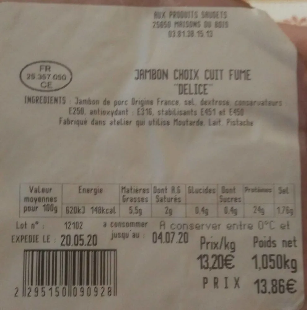 Jambon choix cuit fumé "délice"