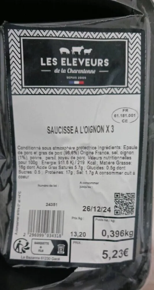SAUCISSE A L'OIGNON X 3