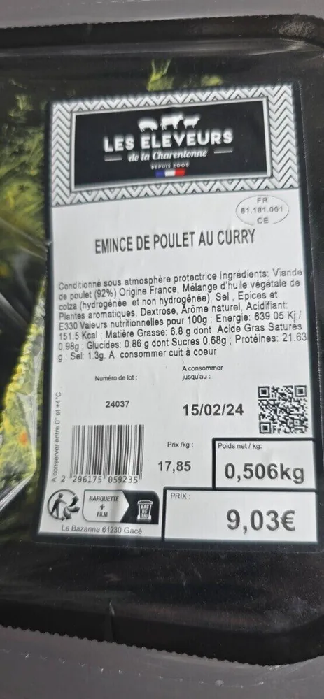 EMINCE DE POULET AU CURRY