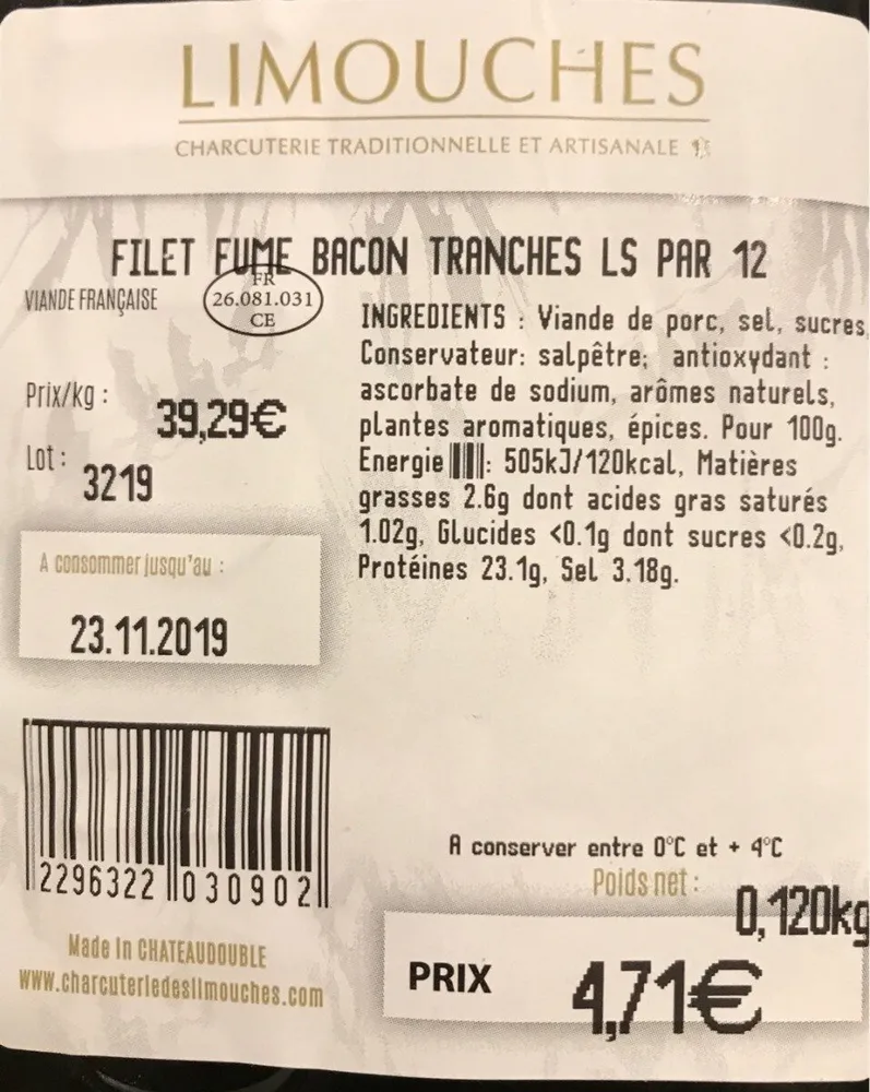 Filet fumé bacon tranches LS par 12
