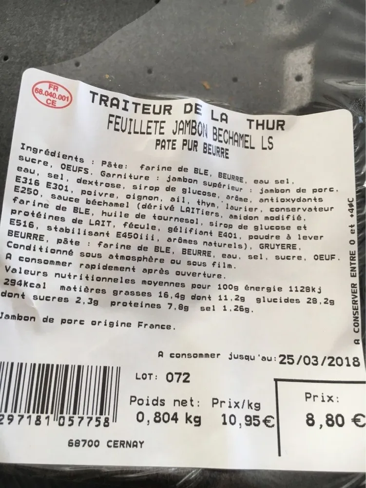 Feuilleté jambon béchamel pur beurre