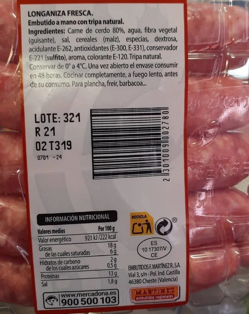 Longaniza fresca de cerdo