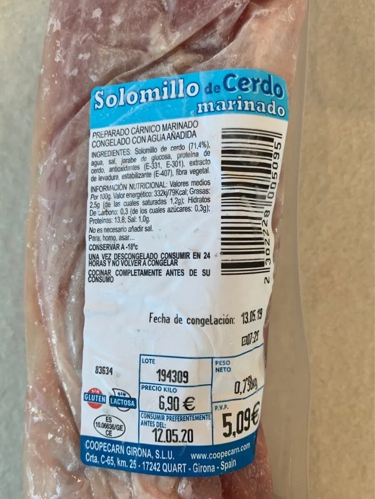 Solomillo de cerdo marinado congelado