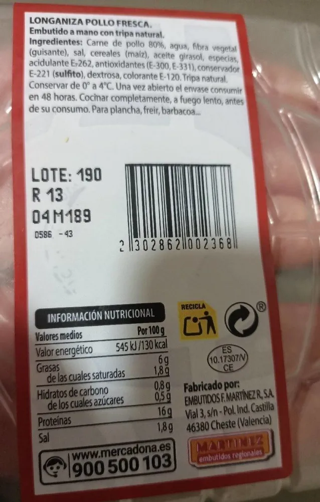 Longaniza pollo fresca
