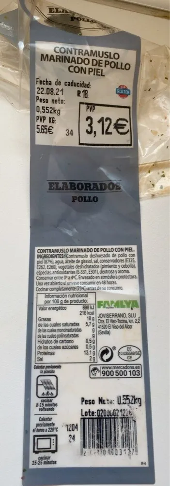 Contra muslo marinado de pollo con piel