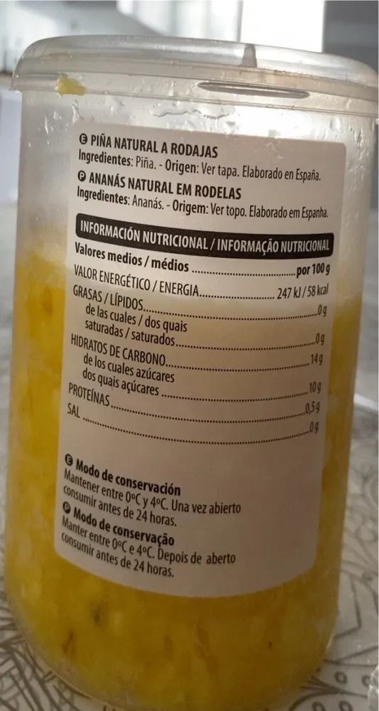 Piña natural a rodajas