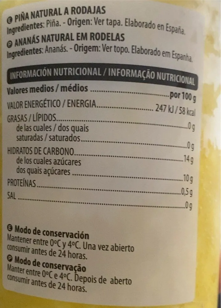 Piña natural a rodajas