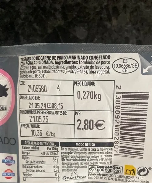 Preparado de carne de porco marinado congelado