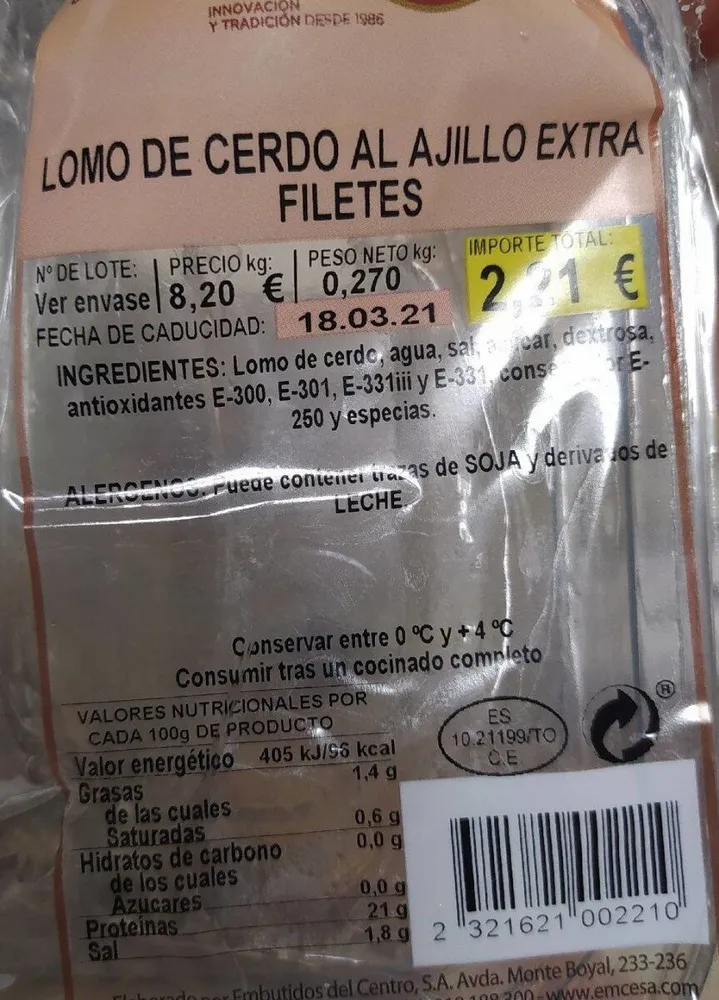 Lomo de cerdo al ajillo extra filetes