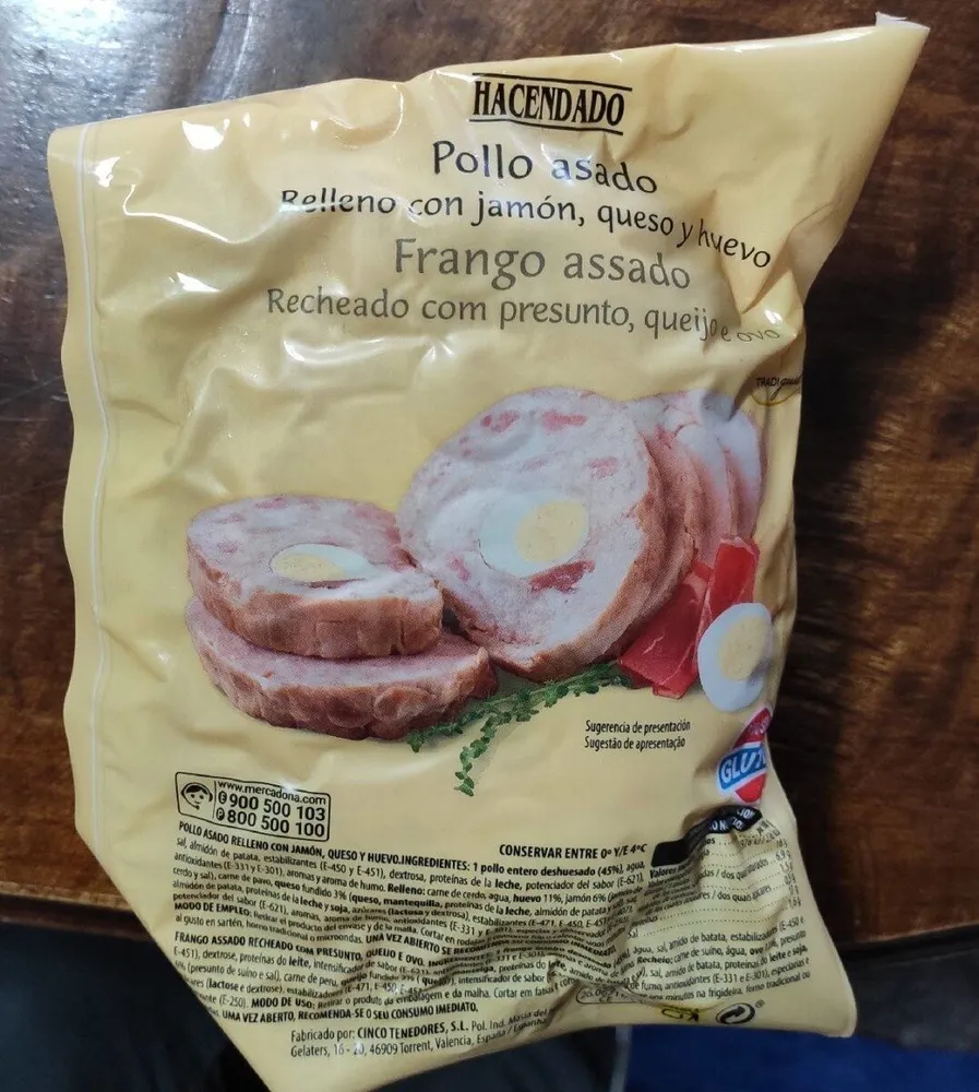 Pollo asado relleno con jamón queso y huevo