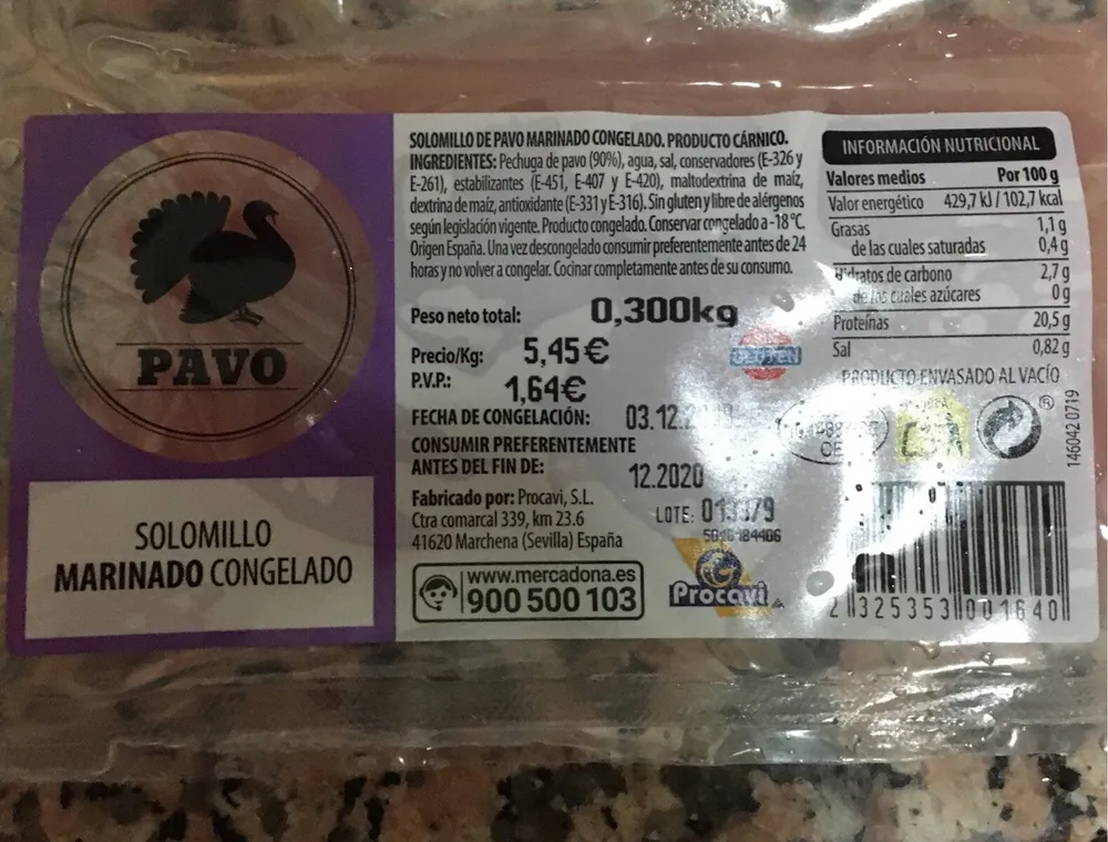 Pavo. Solomillo marinado congelado