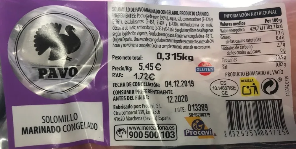 Solomillo de pavo marinado congelado