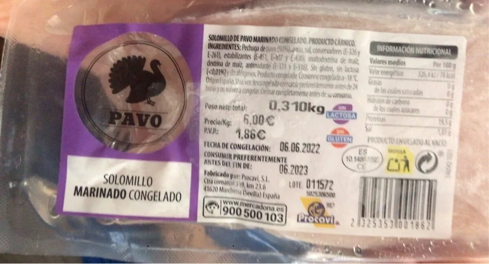 Solomillo de pavo marinado congelado