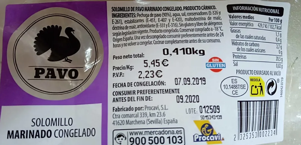Solomillo marinado congelado