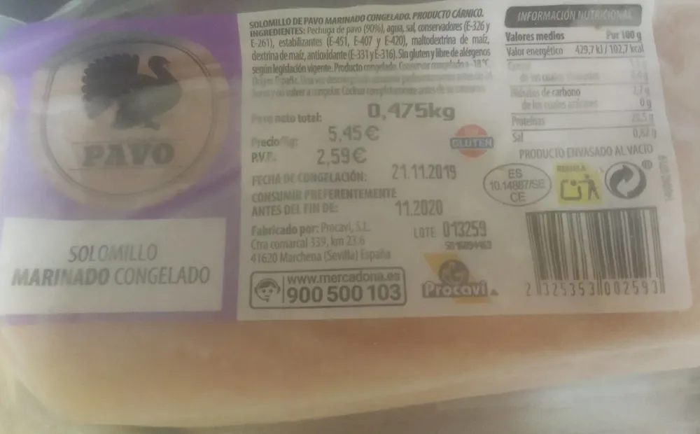 Solomillo de pavo marinado congelado
