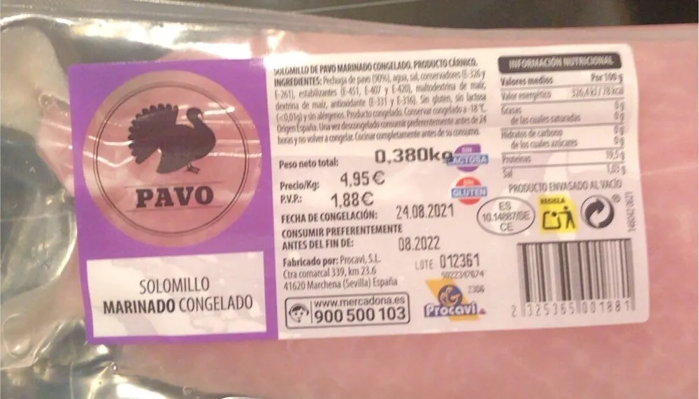Solomillode pavo marinado congelado