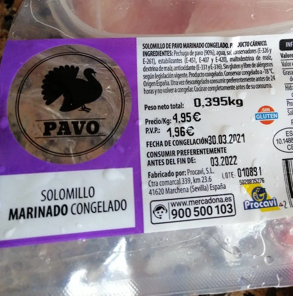 Solomillo de pavo marinado congelado