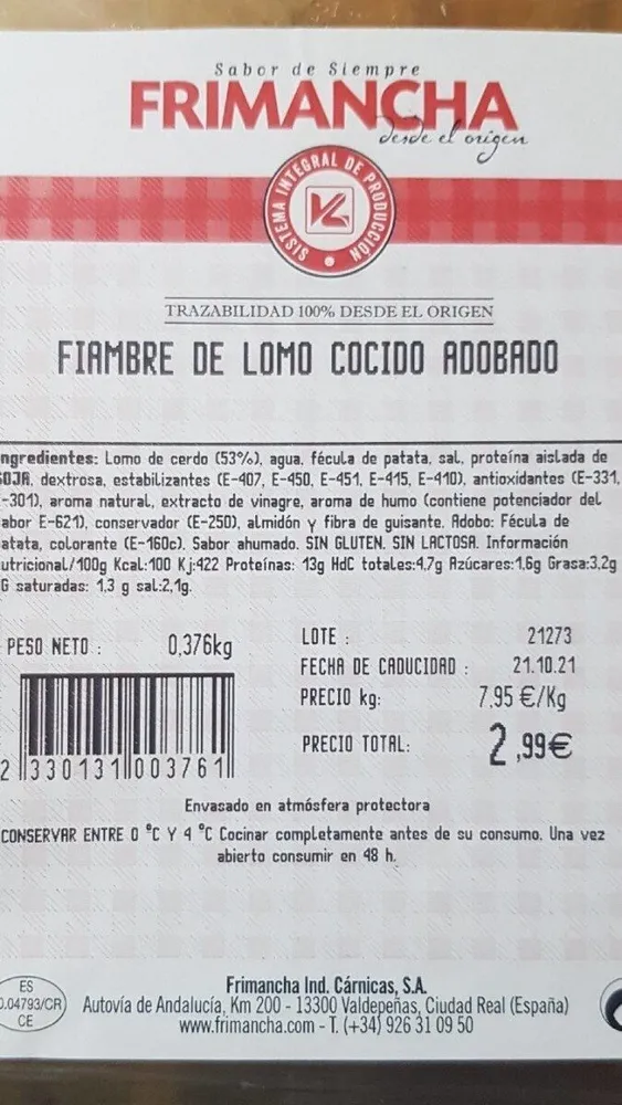 Fiambre de lomi cocido