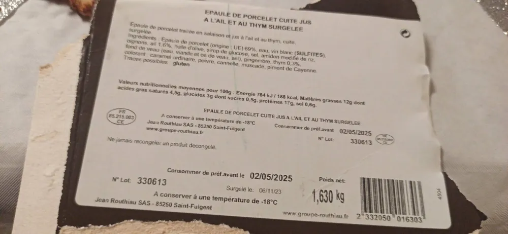 EPAULE DE PORCELET CUTE JUS A L'AIL ET AU THYM SURGELEE