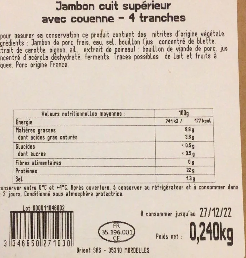Jambon cuit avec couane
