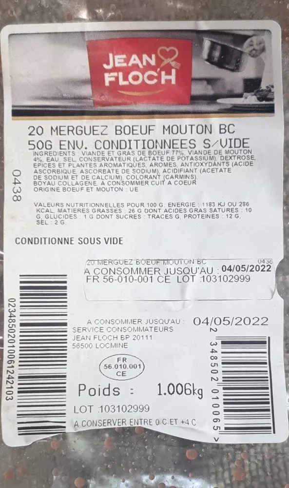 20 merguez bœuf mouton bc 50g environ Conditionnes svide