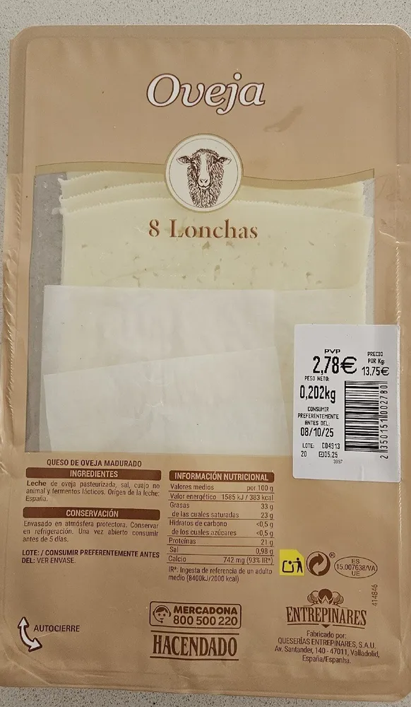 Lonchas Queso Oveja Hacendado