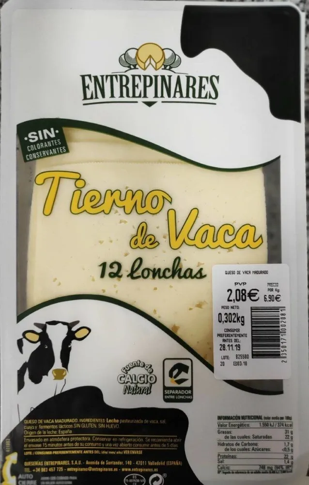 Queso tierno de vaca en lonchas