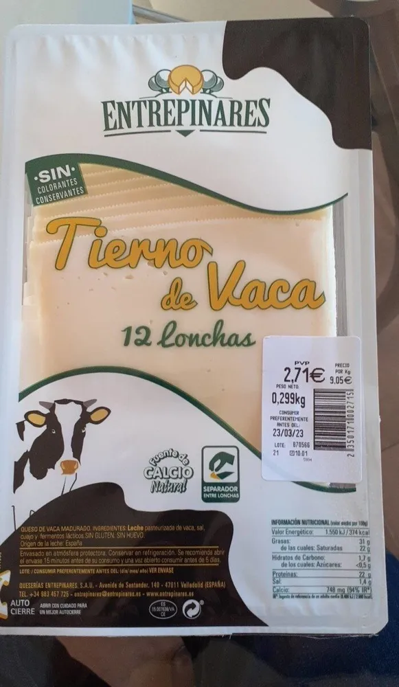 Queso tierno de vaca en lonchas
