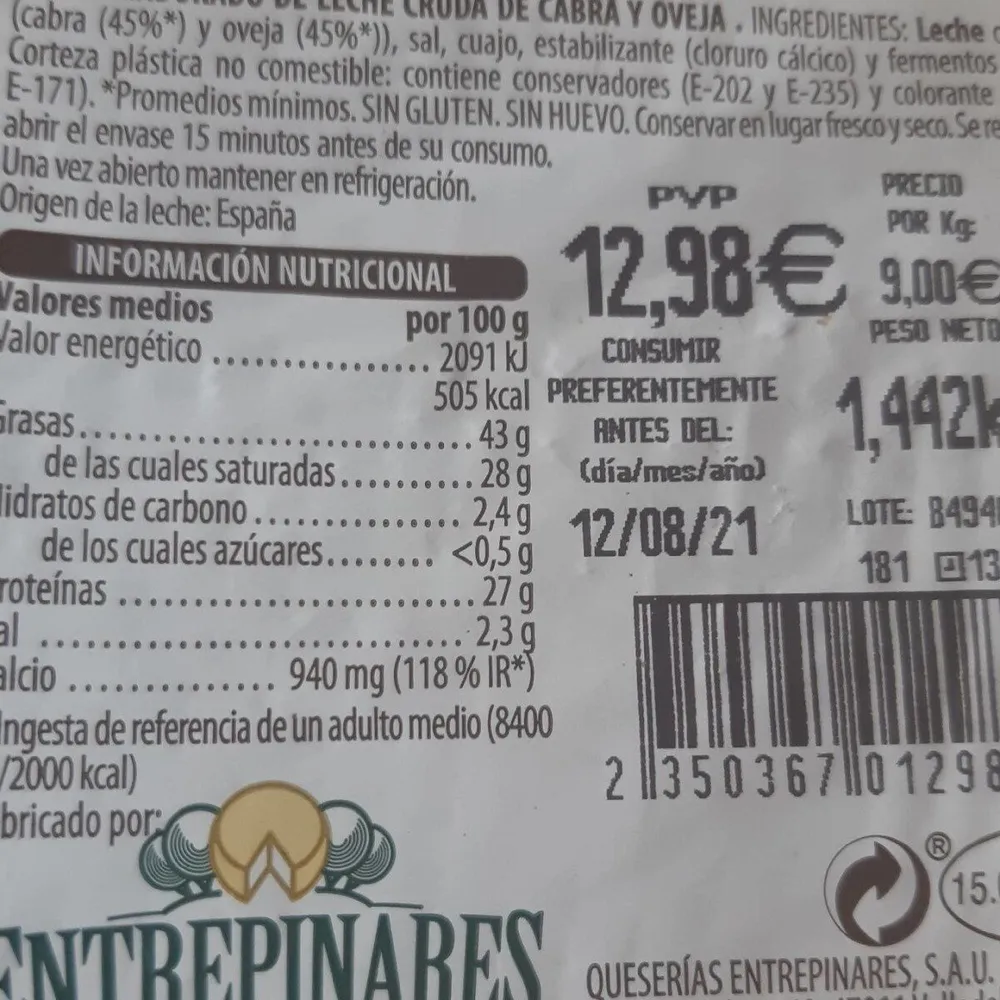Queso madurado de leche cruda de cabra y oveja