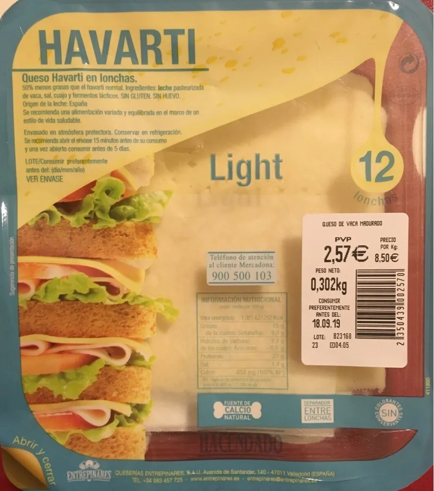 Havarti queso en lonchas light