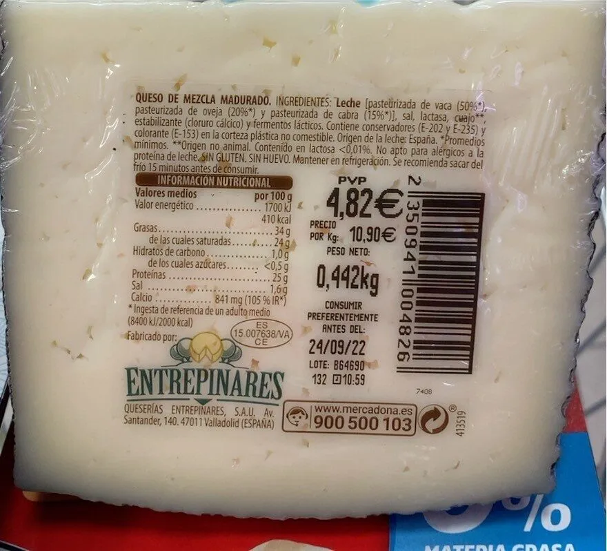 Queso semicurado sin lactosa