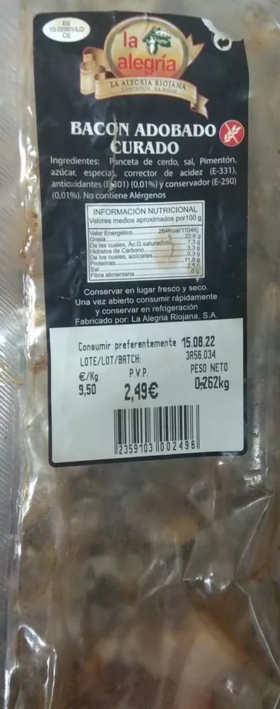 Bacon adobado curado