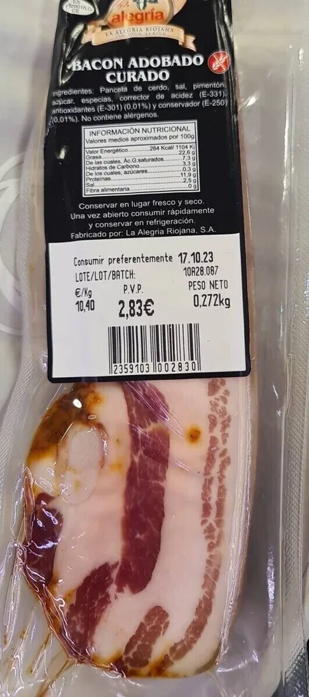 Bacon adobado curado