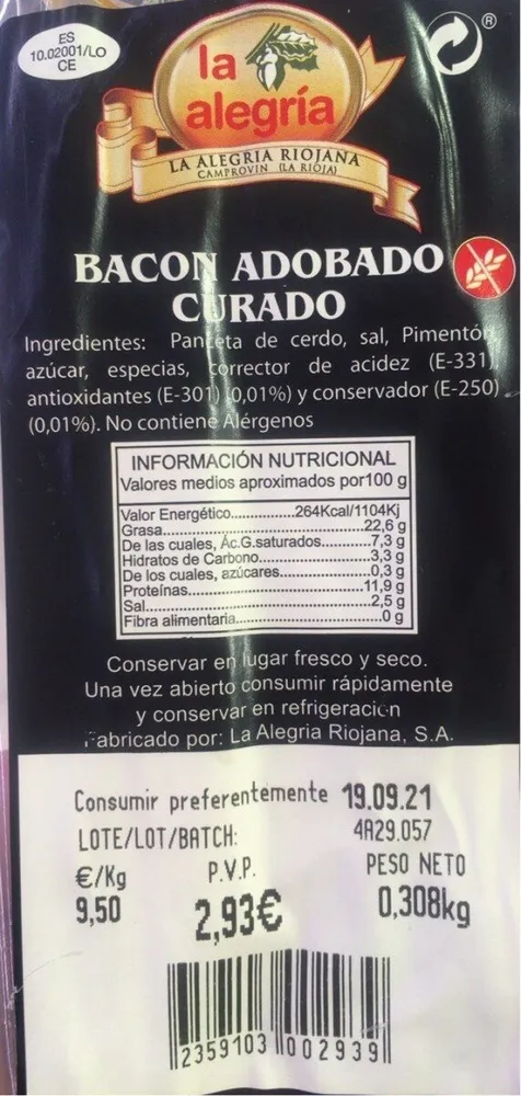 Bacon adobado curado