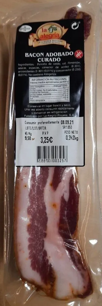 Bacon adobado curado