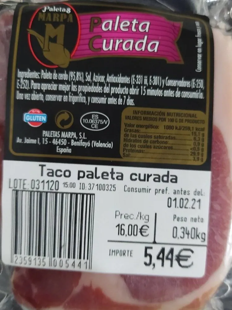 Jamón paleta curada Marpa
