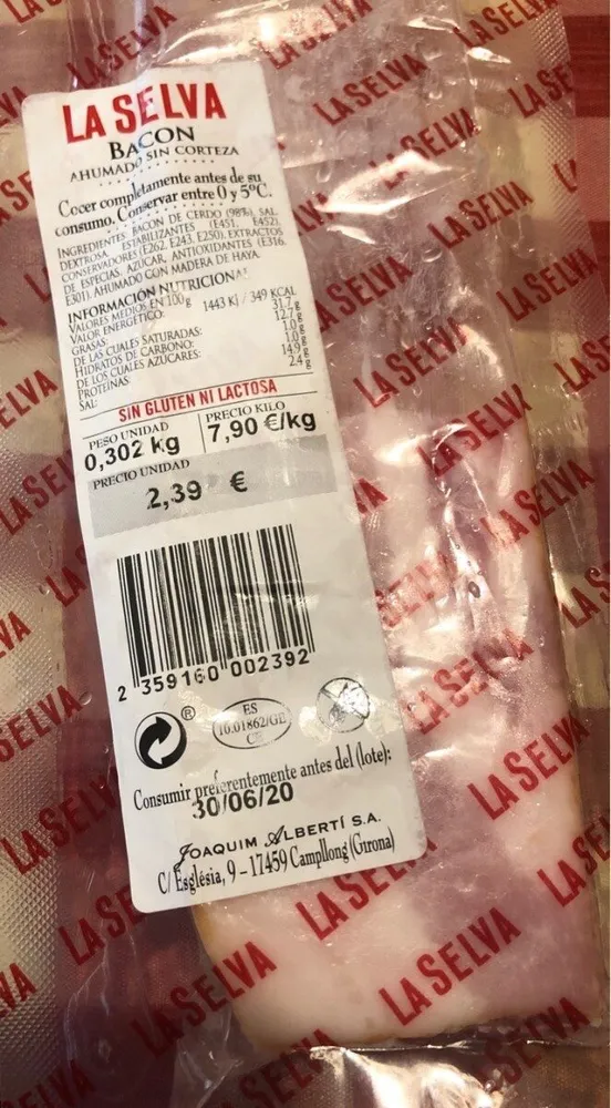 Bacon ahumado sin corteza