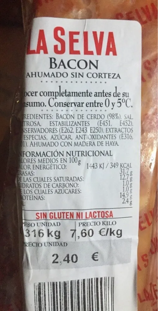Bacon ahumado sin corteza
