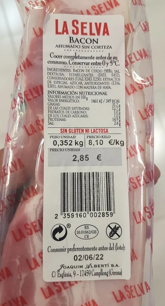 Bacon ahumado sin corteza