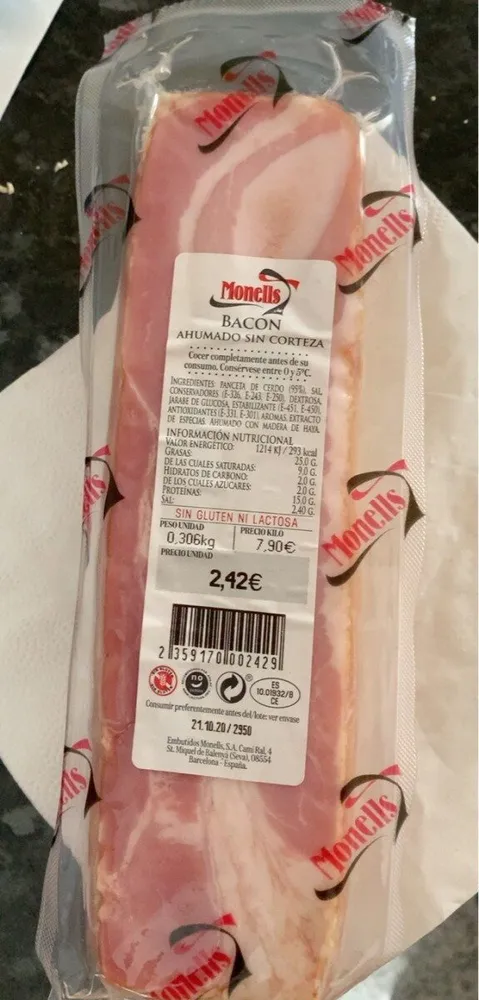 Bacon ahumado sin corteza