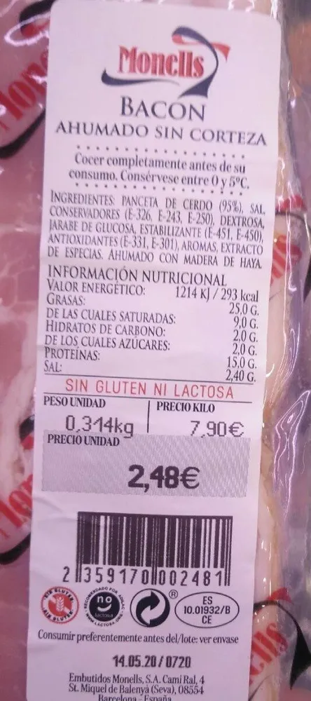 Bacon ahumado sin corteza
