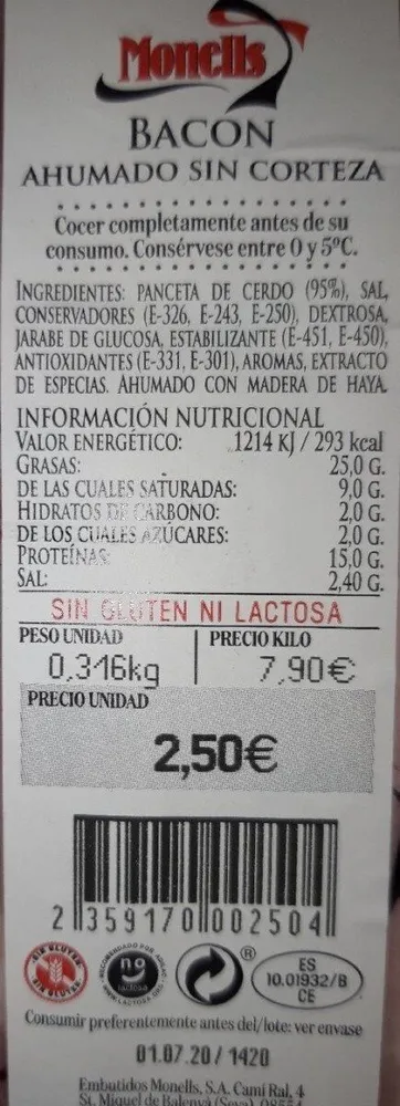 Bacon ahumado sin corteza
