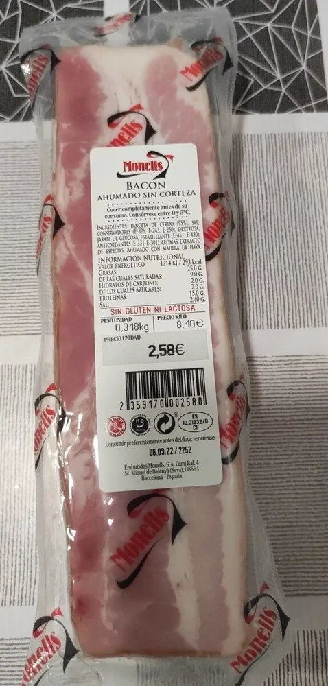 Bacon ahumado sin corteza