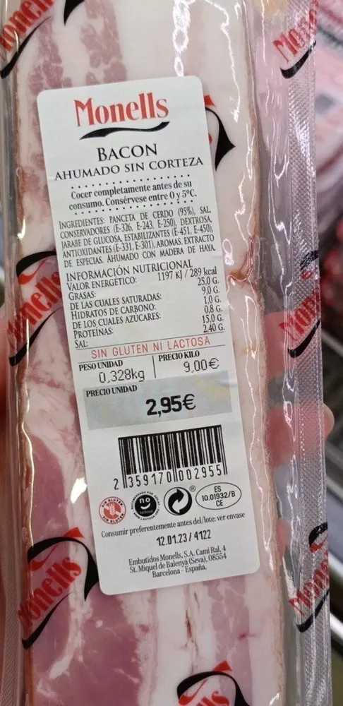 Bacon ahumado sin corteza