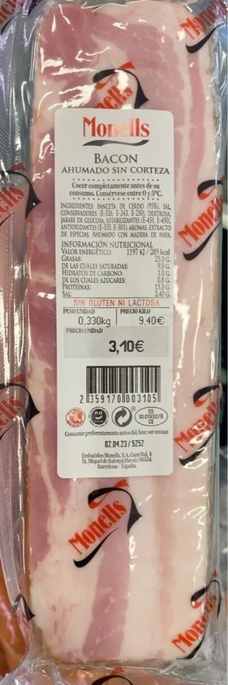 Bacon ahumado sin corteza