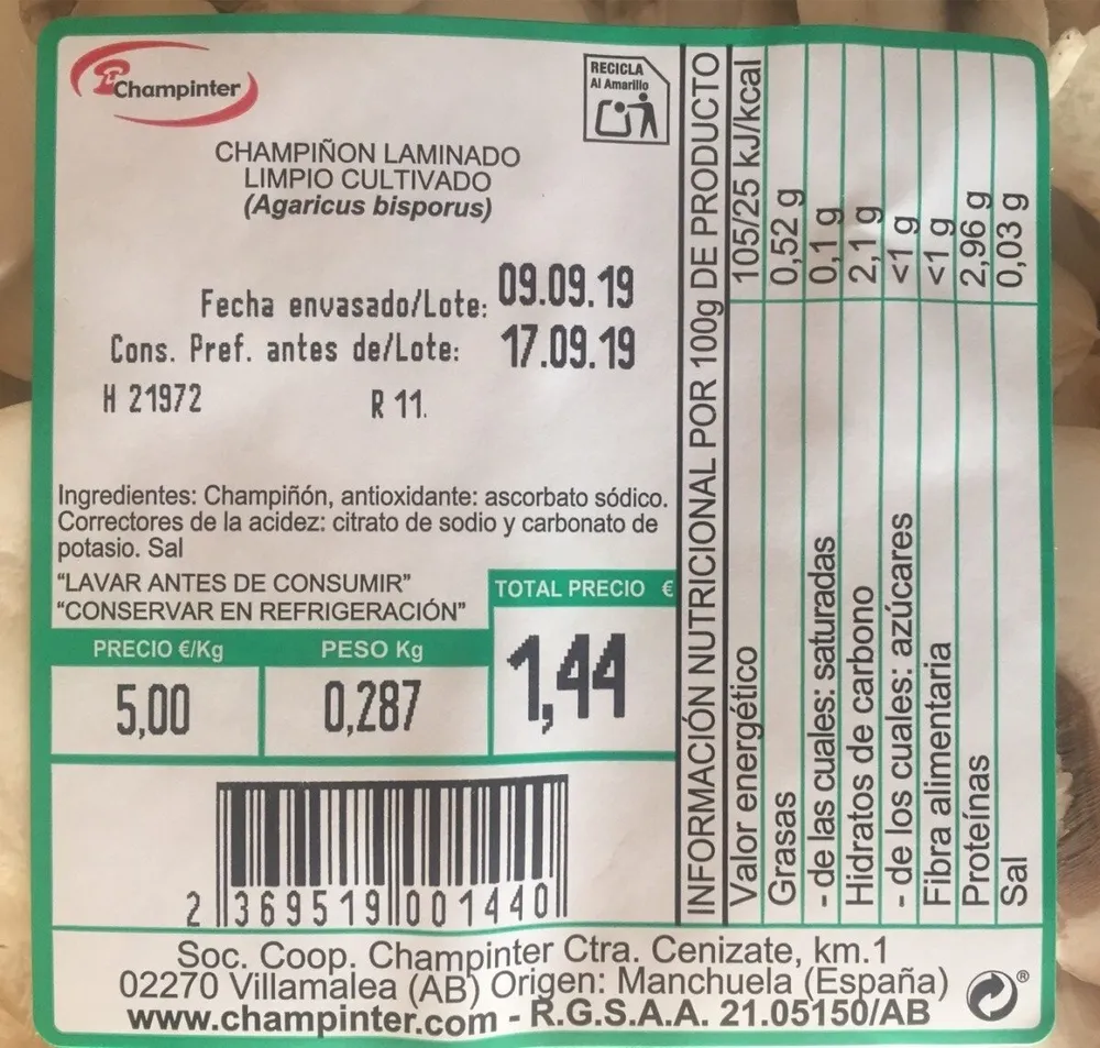 Champiñón laminado limpio cultivado