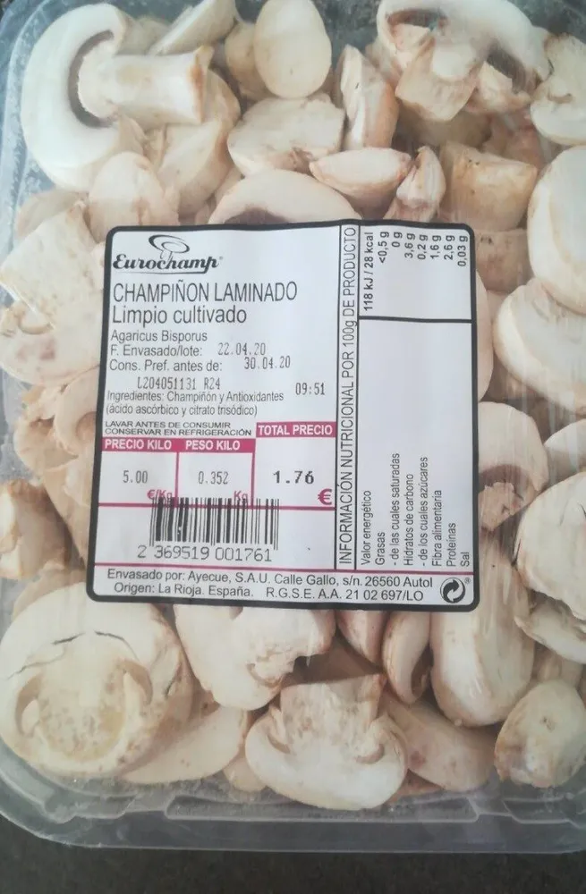 Champiñon laminado limpio cultivado