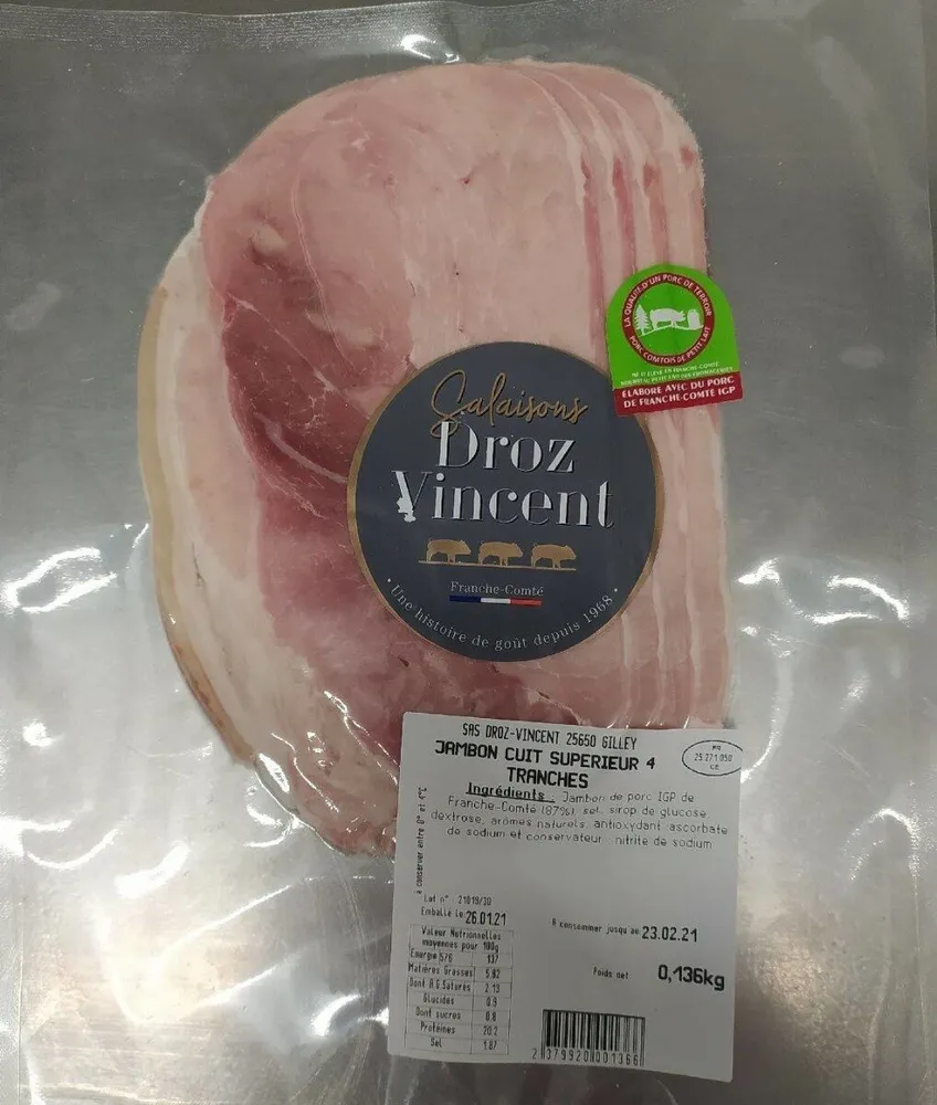 Jambon cuit supérieure 4 tranches